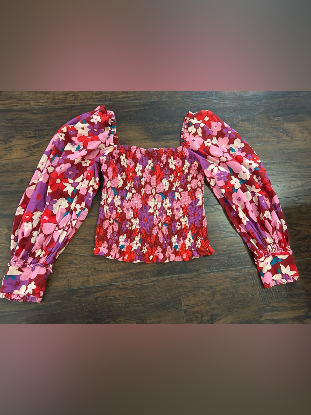 Floral Smocked Puff-Sleeve Blouse - Red